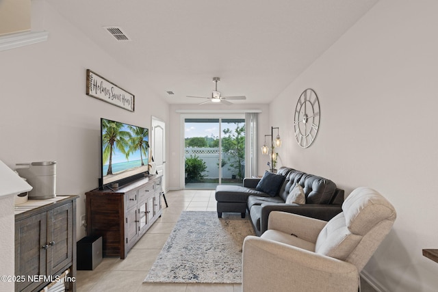 3937 Oak Mill Rd, Orange Park, FL 32065 - living room featuring visible vents, a ceiling fan, and light tile patterned flooring