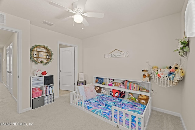 3937 Oak Mill Rd, Orange Park, FL 32065 - carpeted bedroom with baseboards, a ceiling fan, and visible vents