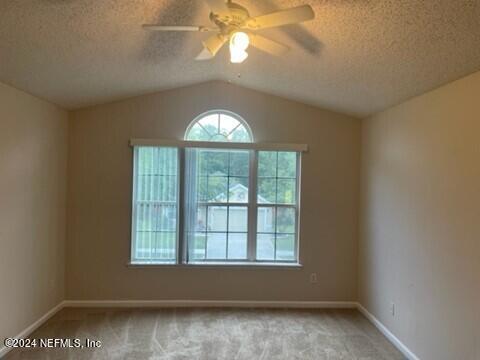 spare room featuring ceiling fan, a textured ceiling, carpet, and plenty of natural light