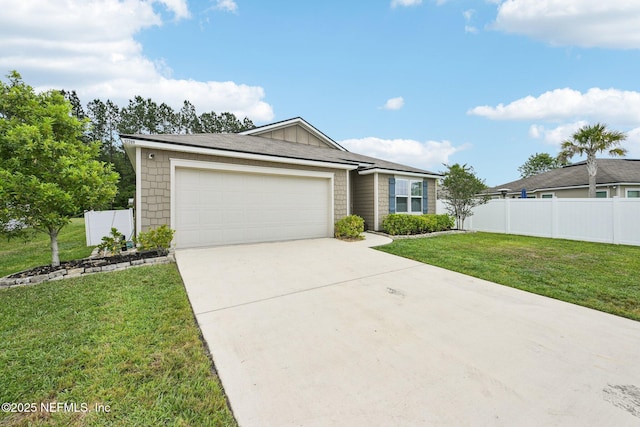 ranch-style home with a garage, a front lawn, fence, and concrete driveway