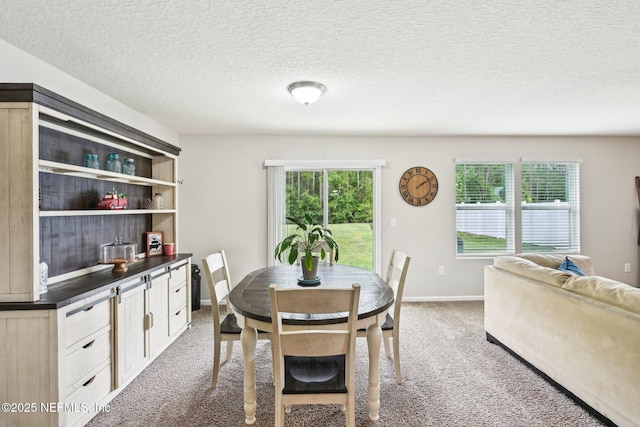 carpeted dining space featuring a textured ceiling and baseboards