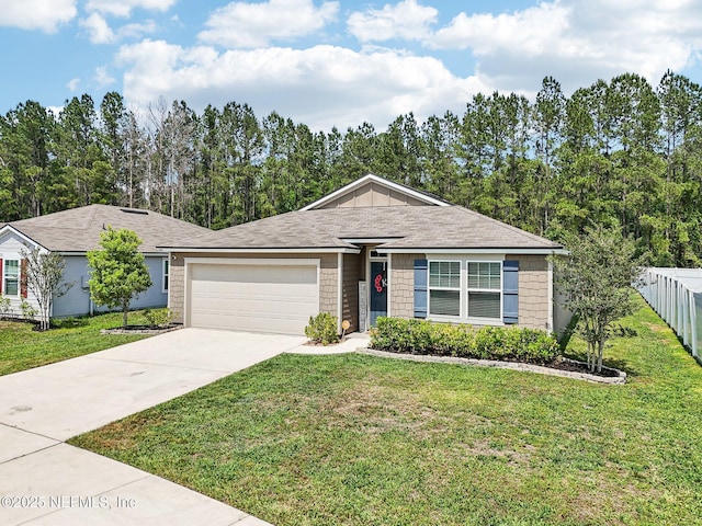 single story home featuring a garage, a front lawn, fence, and concrete driveway