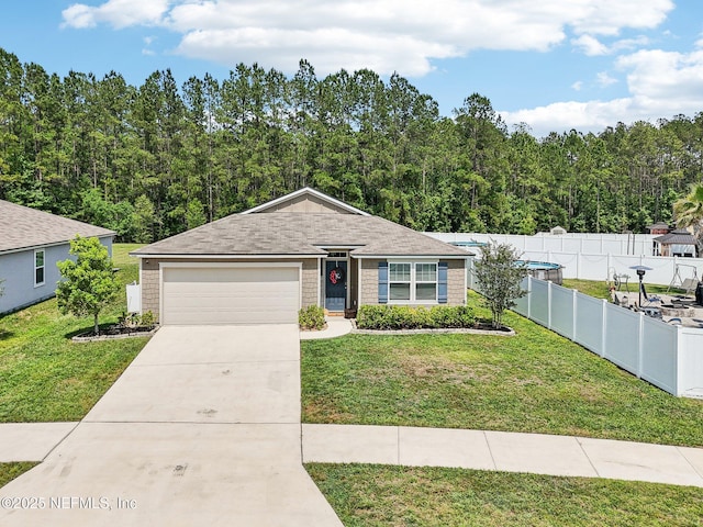 ranch-style home featuring fence, roof with shingles, an attached garage, a front lawn, and concrete driveway
