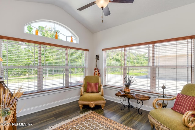 86 Amacano Ln, Saint Augustine, FL 32084 - sitting room featuring wood finished floors, ceiling fan, vaulted ceiling, and plenty of natural light