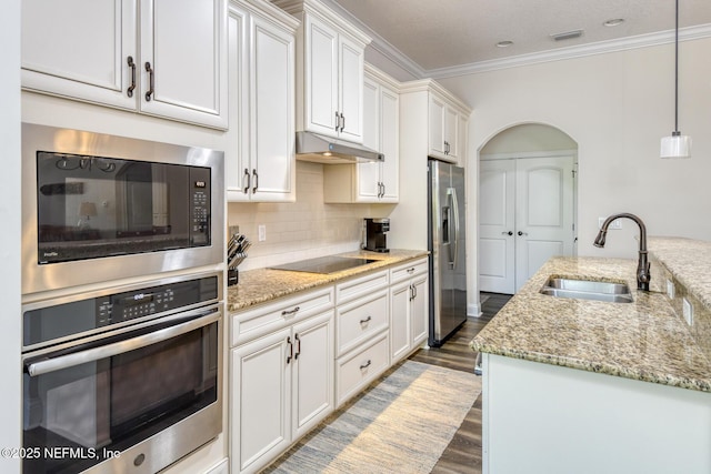 86 Amacano Ln, Saint Augustine, FL 32084 - kitchen with ornamental molding, appliances with stainless steel finishes, wood finished floors, a sink, and under cabinet range hood