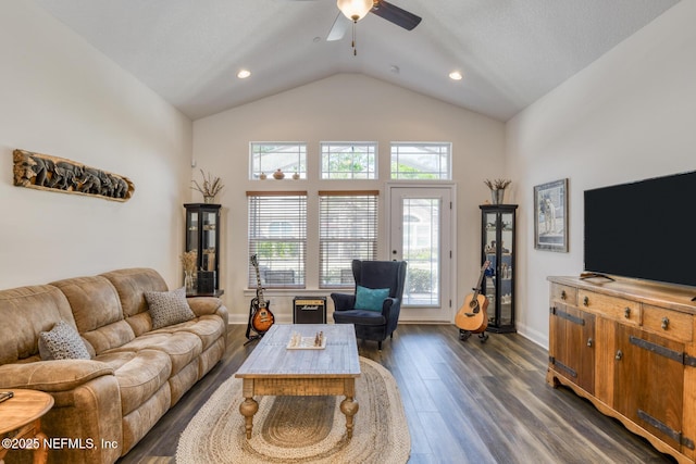 86 Amacano Ln, Saint Augustine, FL 32084 - living room featuring high vaulted ceiling, ceiling fan, recessed lighting, dark wood-style flooring, and baseboards