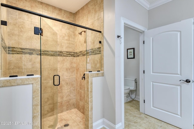 86 Amacano Ln, Saint Augustine, FL 32084 - full bathroom featuring baseboards, toilet, crown molding, tile patterned floors, and a stall shower