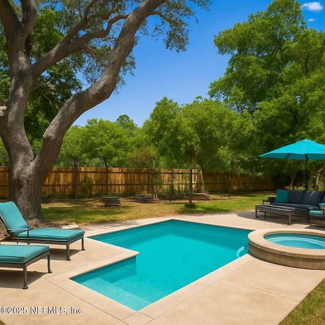 87529 Creekside Dr, Yulee, FL 32097 - view of pool featuring a fenced backyard, a patio area, an in-ground hot tub, and an outdoor hangout area