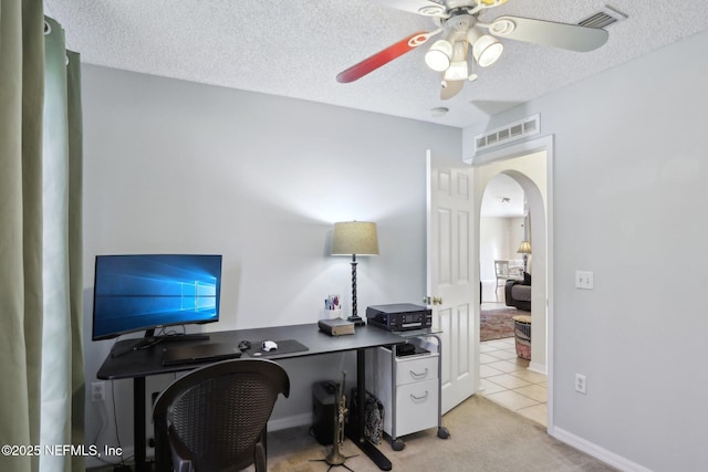 3620 Braeden Ct, Middleburg, FL 32068 - office featuring arched walkways, light colored carpet, a ceiling fan, and visible vents