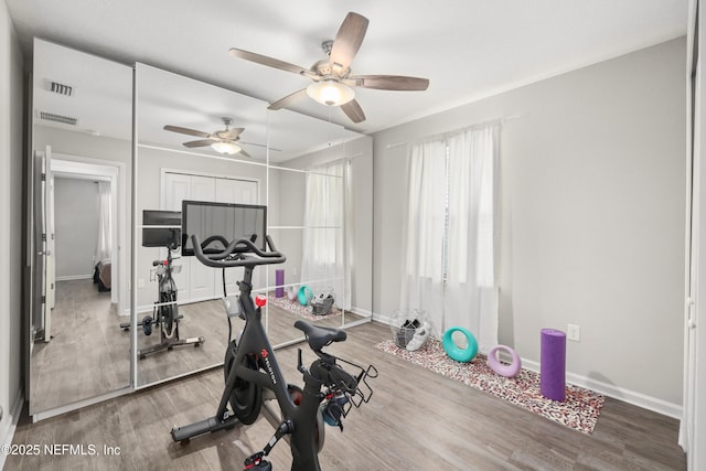 190 Palisade Dr, Saint Augustine, FL 32092 - workout area featuring wood finished floors, visible vents, a ceiling fan, and baseboards