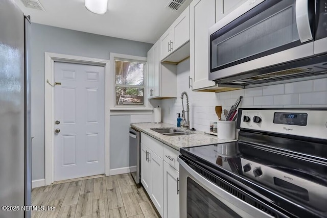 2969 Green St, Jacksonville, FL 32205 - kitchen featuring tasteful backsplash, white cabinetry, visible vents, appliances with stainless steel finishes, and a sink