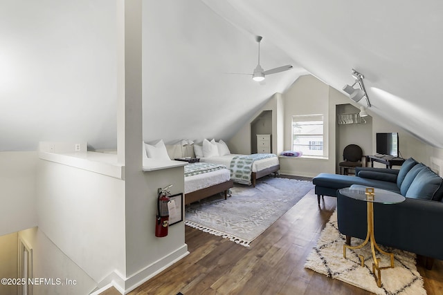 73 Weeden St, Saint Augustine, FL 32084 - bedroom with ceiling fan, hardwood / wood-style flooring, baseboards, and lofted ceiling