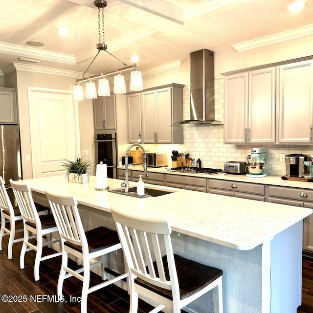273 Caribbean Pl, Saint Johns, FL 32259 - kitchen featuring a sink, wall chimney range hood, stainless steel appliances, ornamental molding, and dark wood-style floors