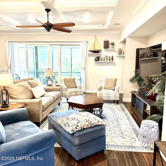 273 Caribbean Pl, Saint Johns, FL 32259 - living room featuring ornamental molding, a ceiling fan, wood finished floors, coffered ceiling, and baseboards