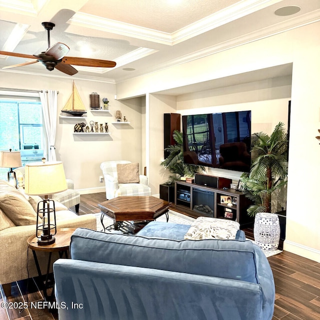 273 Caribbean Pl, Saint Johns, FL 32259 - living area with crown molding, baseboards, a ceiling fan, wood finished floors, and coffered ceiling