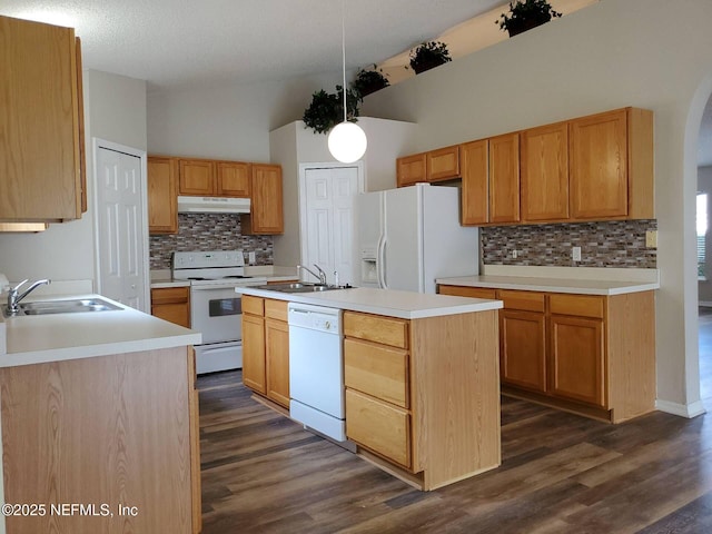 3429 Steelgate Ct, Middleburg, FL 32068 - kitchen with under cabinet range hood, white appliances, a sink, and decorative backsplash