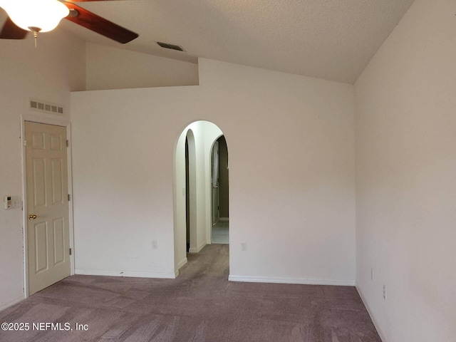 3429 Steelgate Ct, Middleburg, FL 32068 - carpeted empty room featuring visible vents, a ceiling fan, arched walkways, and a textured ceiling