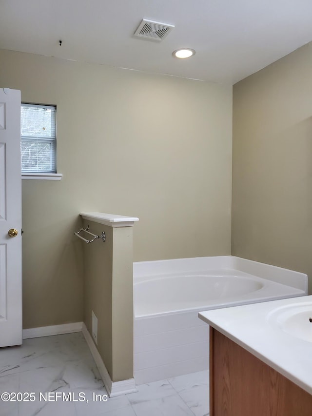 3429 Steelgate Ct, Middleburg, FL 32068 - full bathroom with a bath, vanity, visible vents, recessed lighting, and marble finish floor