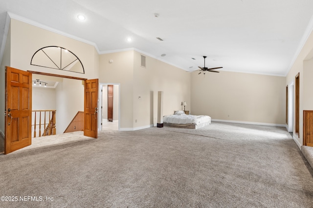 unfurnished living room with visible vents, ornamental molding, recessed lighting, and light colored carpet