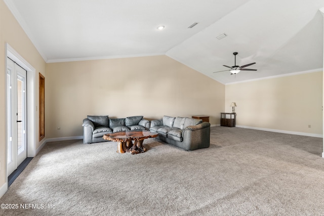 carpeted living room featuring vaulted ceiling, crown molding, ceiling fan, baseboards, and visible vents