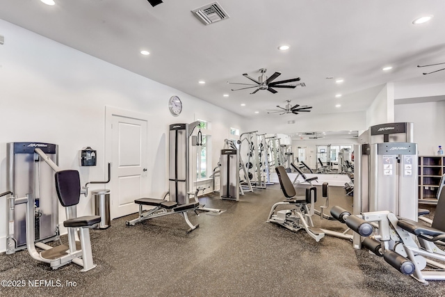 exercise room featuring recessed lighting, visible vents, and ceiling fan