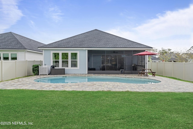380 Maralinda Dr, Saint Augustine, FL 32095 - view of pool with a sunroom, a lawn, a fenced backyard, a patio, and a fenced in pool