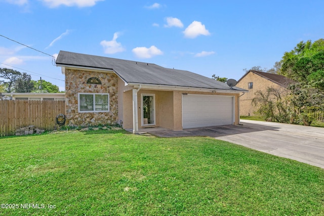 12042 Grasse St, Jacksonville, FL 32224 - view of front of house featuring a garage, concrete driveway, fence, stucco siding, and a front lawn