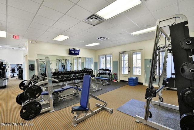 1133 Laurel Valley Dr, Orange Park, FL 32065 - exercise room featuring visible vents, carpet flooring, and a drop ceiling
