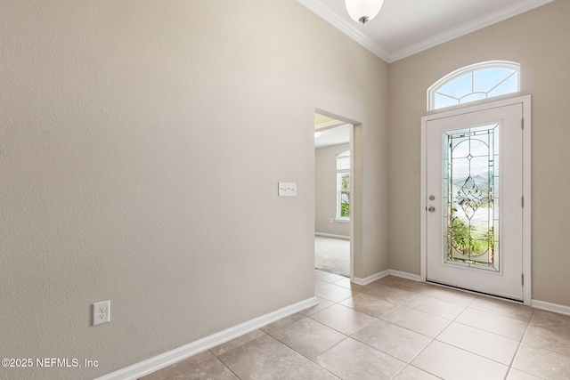95210 Leafcrest Ct, Fernandina Beach, FL 32034 - entryway featuring baseboards, ornamental molding, light tile patterned flooring, and plenty of natural light