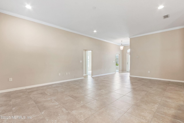 95210 Leafcrest Ct, Fernandina Beach, FL 32034 - spare room featuring baseboards, ornamental molding, visible vents, and recessed lighting