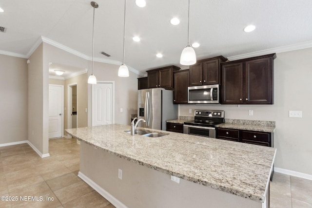 95210 Leafcrest Ct, Fernandina Beach, FL 32034 - kitchen featuring a sink, dark brown cabinetry, stainless steel appliances, baseboards, and ornamental molding