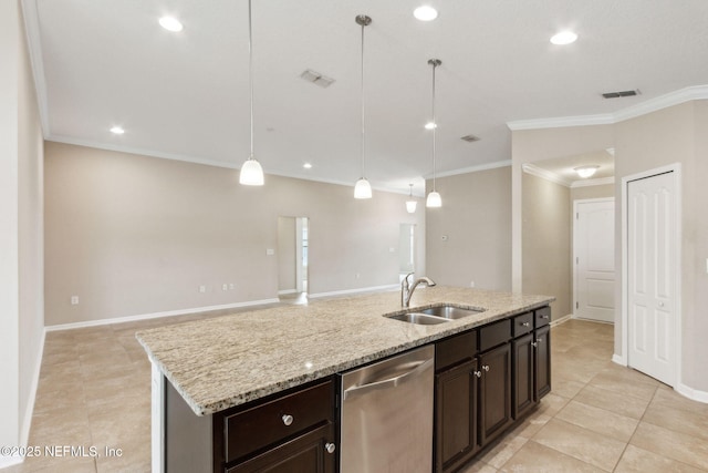 95210 Leafcrest Ct, Fernandina Beach, FL 32034 - kitchen with stainless steel dishwasher, a sink, visible vents, crown molding, and light tile patterned floors