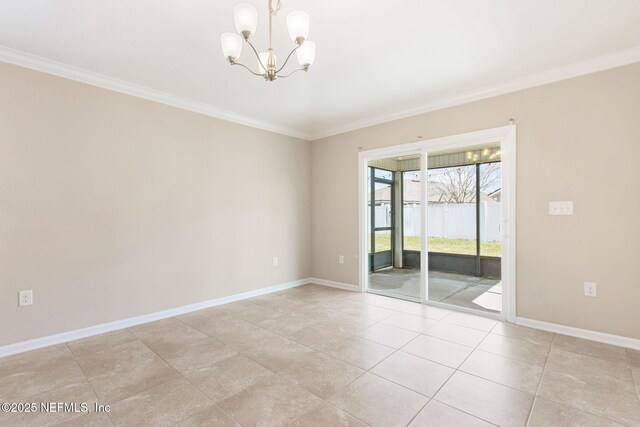 95210 Leafcrest Ct, Fernandina Beach, FL 32034 - unfurnished room with light tile patterned floors, an inviting chandelier, ornamental molding, and baseboards