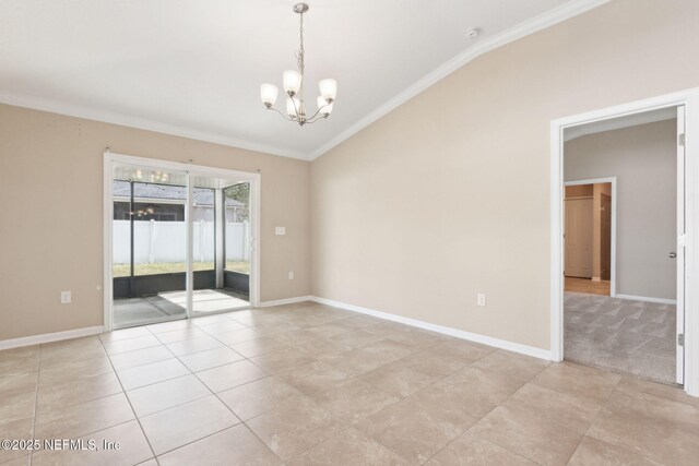 95210 Leafcrest Ct, Fernandina Beach, FL 32034 - unfurnished room featuring vaulted ceiling, baseboards, an inviting chandelier, crown molding, and light tile patterned floors