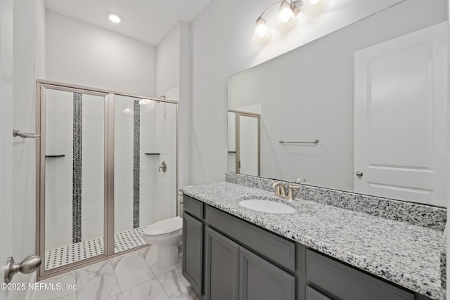 121 Oxford Estates Way, Saint Johns, FL 32259 - bathroom with marble finish floor, vanity, toilet, and a stall shower