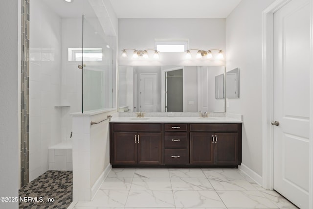 121 Oxford Estates Way, Saint Johns, FL 32259 - full bath featuring a sink, walk in shower, double vanity, and marble finish floor