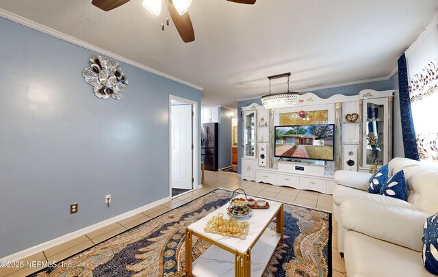 8413 Free Ave, Jacksonville, FL 32211 - living room featuring ceiling fan, baseboards, crown molding, and light tile patterned flooring