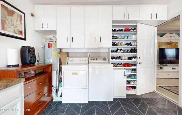 8413 Free Ave, Jacksonville, FL 32211 - washroom featuring water heater, washer and clothes dryer, dark tile patterned floors, and cabinet space
