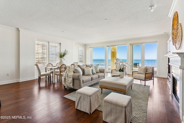 210 N Serenata Dr Unit 521, Ponte Vedra Beach, FL 32082 - living area featuring a glass covered fireplace, a water view, dark wood-style floors, and a textured ceiling
