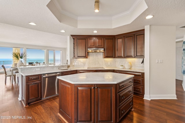 210 N Serenata Dr Unit 521, Ponte Vedra Beach, FL 32082 - kitchen with a sink, a raised ceiling, dishwasher, light countertops, and under cabinet range hood