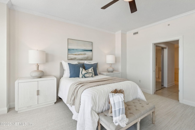 210 N Serenata Dr Unit 521, Ponte Vedra Beach, FL 32082 - bedroom featuring ceiling fan, light colored carpet, crown molding, visible vents, and baseboards