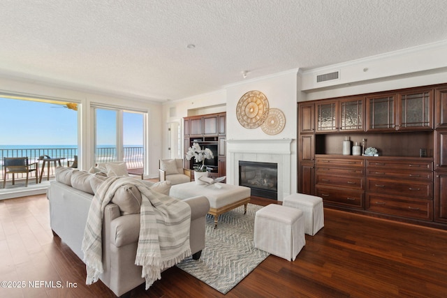210 N Serenata Dr Unit 521, Ponte Vedra Beach, FL 32082 - living room with a glass covered fireplace, dark wood-style flooring, a textured ceiling, and visible vents