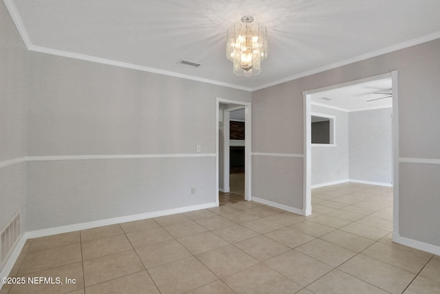unfurnished room featuring light tile patterned floors, visible vents, a chandelier, and ornamental molding