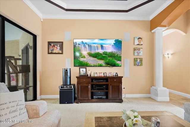 15 Dartmouth Trce, Ormond Beach, FL 32174 - living area featuring ornamental molding, light carpet, and ornate columns