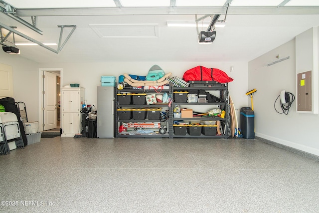 garage featuring a garage door opener and electric panel