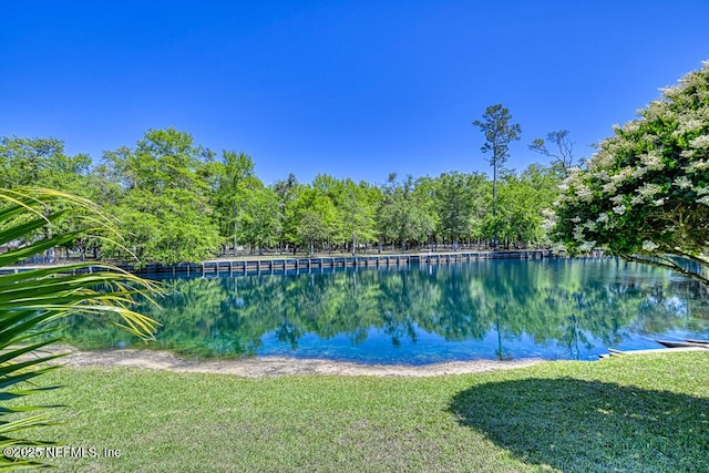 view of pool with a yard and a water view