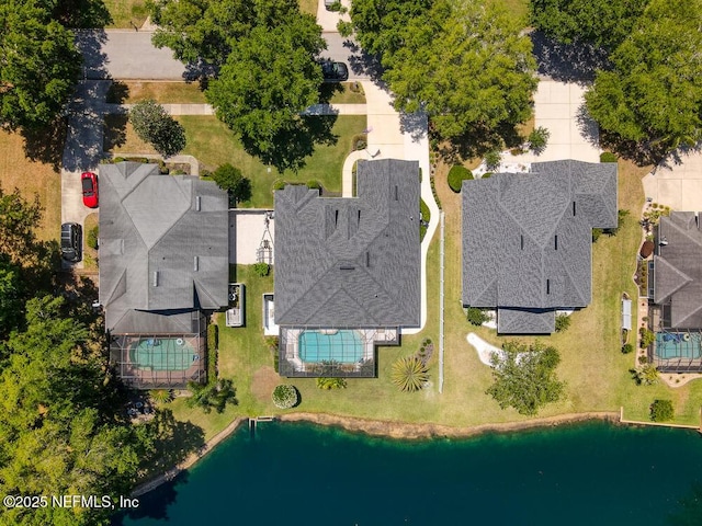 drone / aerial view featuring a water view
