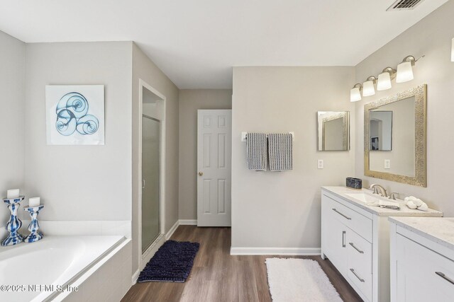 2734 Indigo Hills Ct, Jacksonville, FL 32221 - full bath with baseboards, wood finished floors, a shower stall, a garden tub, and vanity