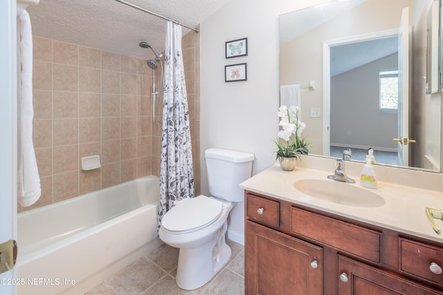 120 Oakwood Plantation Dr, Fleming Island, FL 32003 - bathroom with toilet, a textured ceiling, shower / bathtub combination with curtain, vanity, and tile patterned flooring