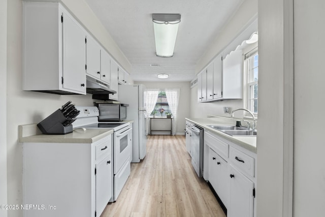 7876 Spanish Oaks Dr, Jacksonville, FL 32221 - kitchen with white appliances, a sink, under cabinet range hood, white cabinetry, and light countertops